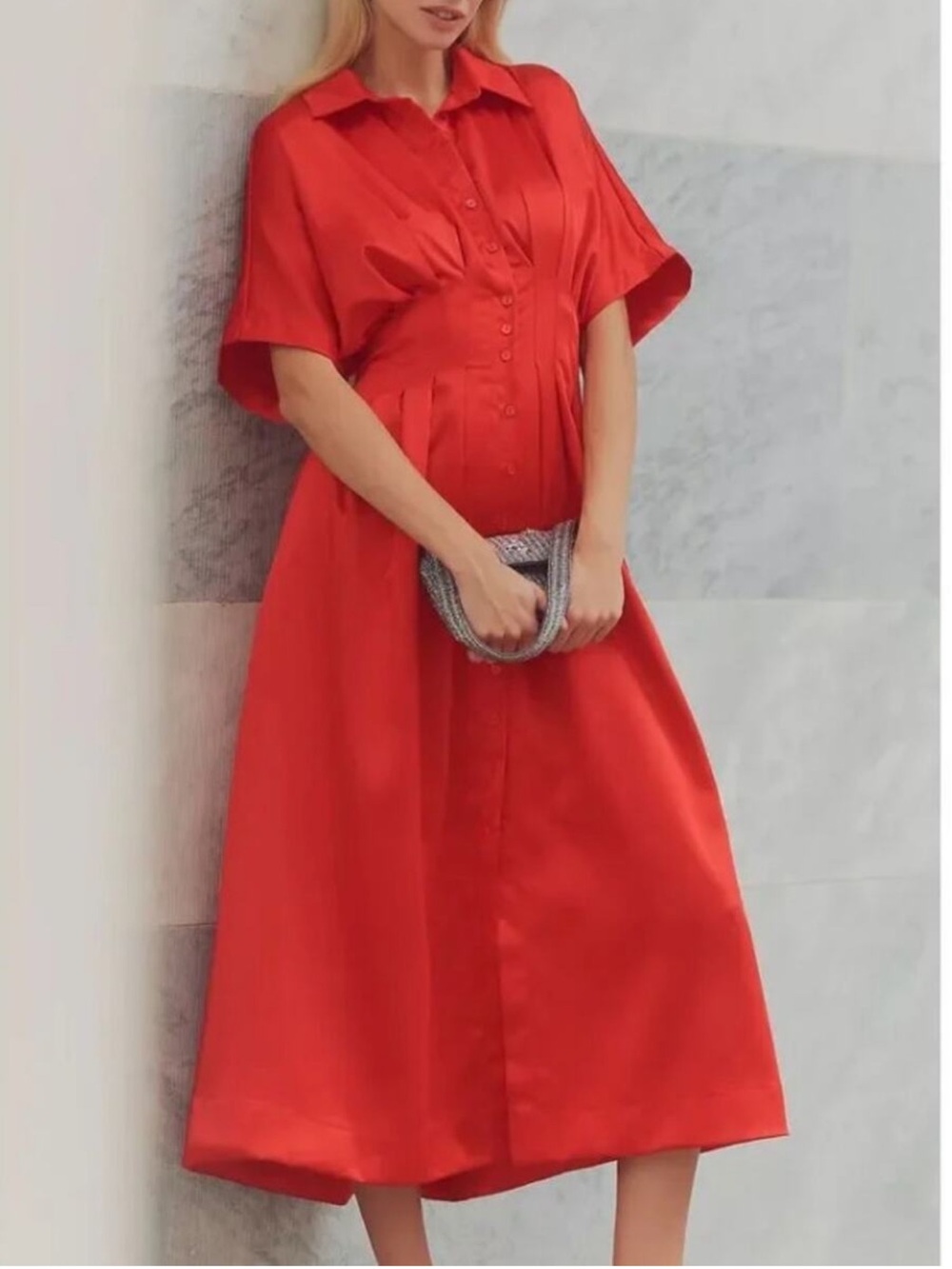 Anthropologie Equise The Tobie Satin Shirt Dress Shirtdress in Red NWT